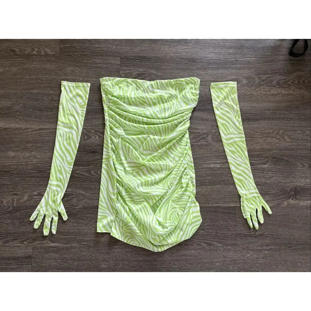 NWOT Miscreants London x Revolve Green Zebra Cupid Mini Dress With Gloves US 10
